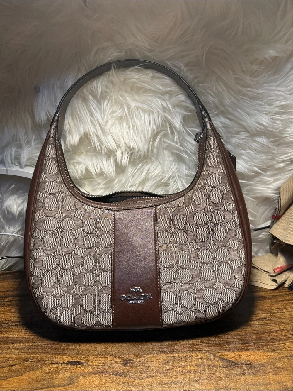 Coach Brown Signature Canvas Shoulder Hobo with Dark Brown Leather Trim